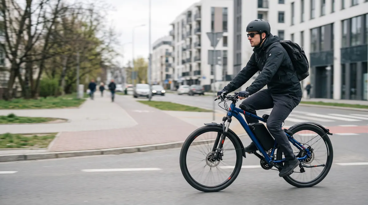 Rowerzysta na niebieskim e-bike’u na ulicy we Wrocławiu