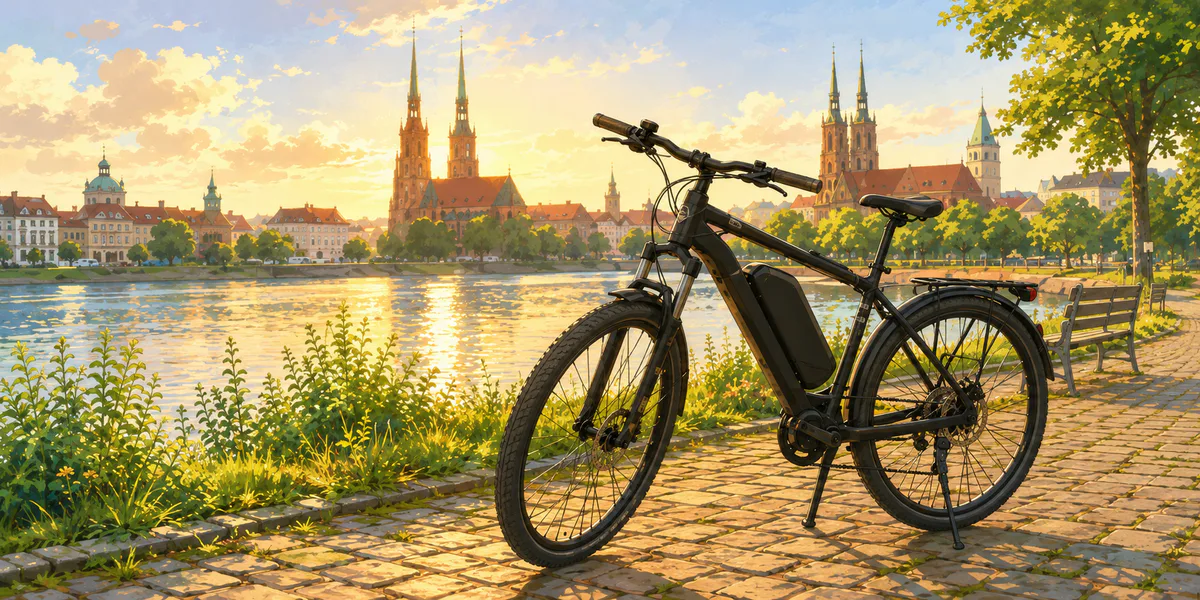 Rower elektryczny GoRower nad jeziorem o zachodzie słońca
